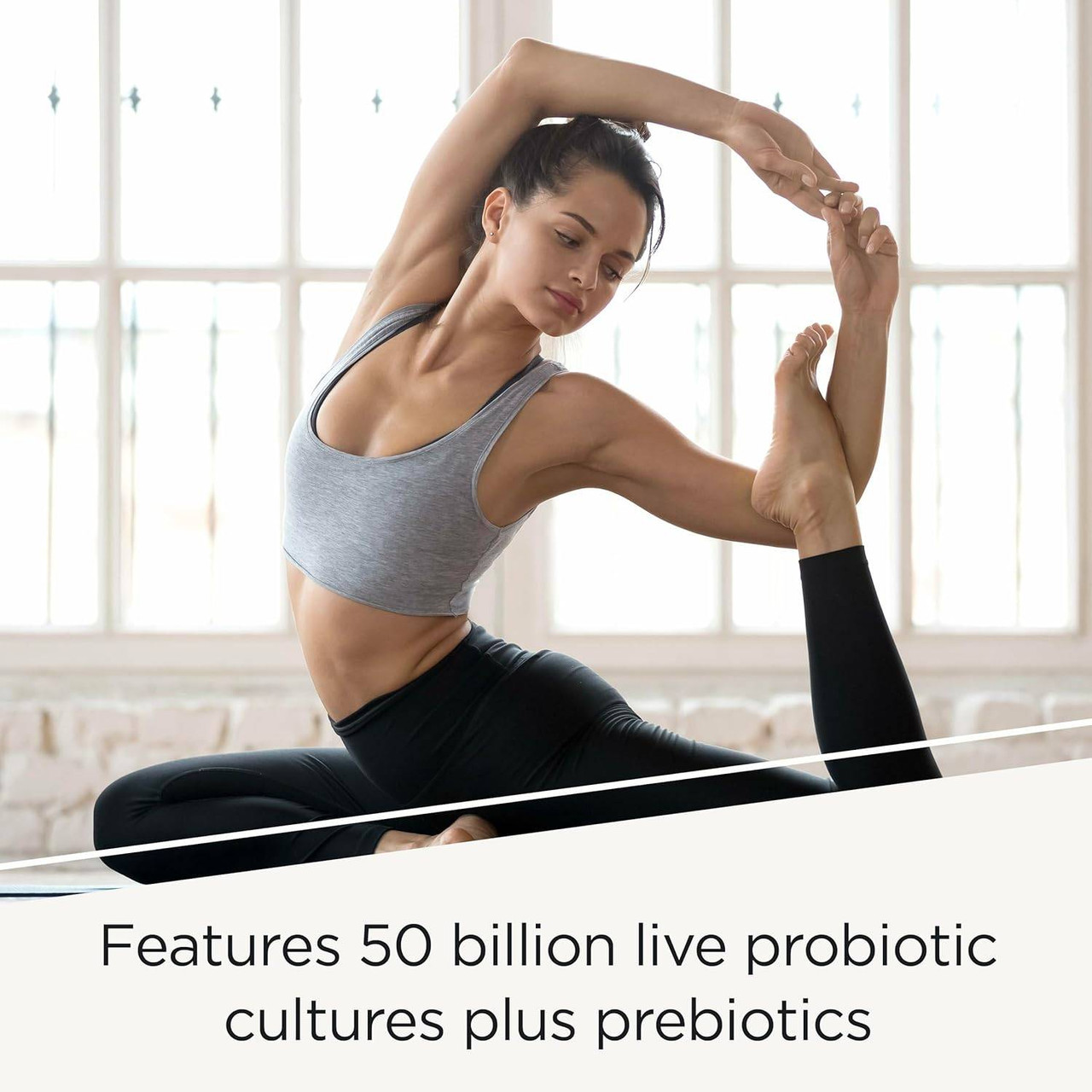 Woman in a yoga stretch, 50 billion live probiotic cultures plus prebiotics graphic