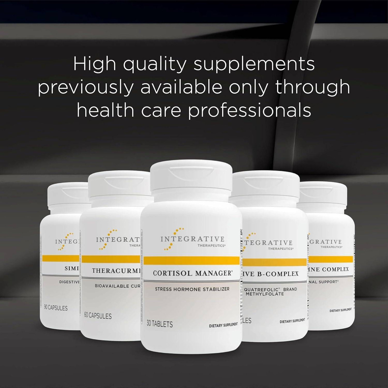 Row of Integrative Therapeutics bottles, supplements previously available only through health care professionals graphic