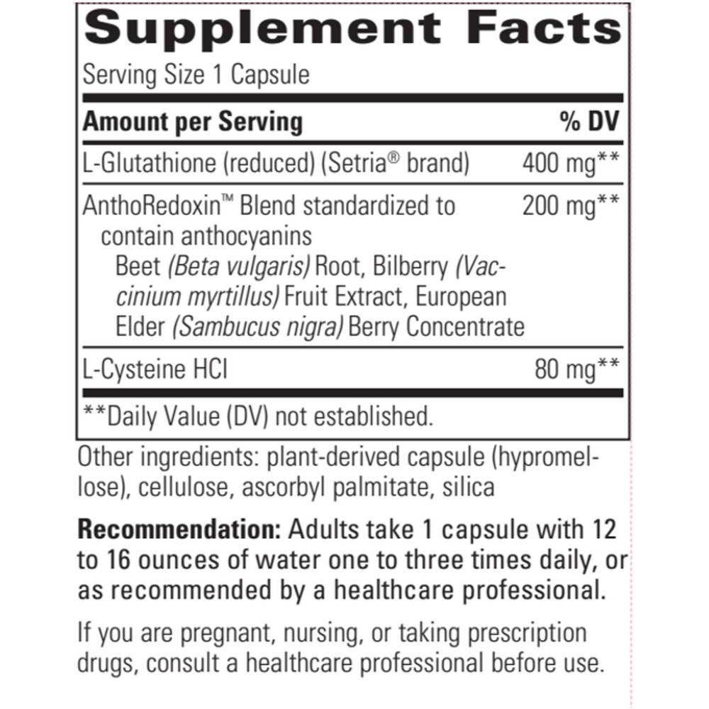 Glutathione Cell Defense supplement facts Setria AnthoRedoxin cysteine panel