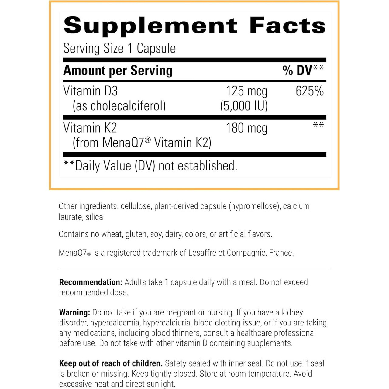 K2 + D3 supplement facts with vitamin D3 and MenaQ7 vitamin K2