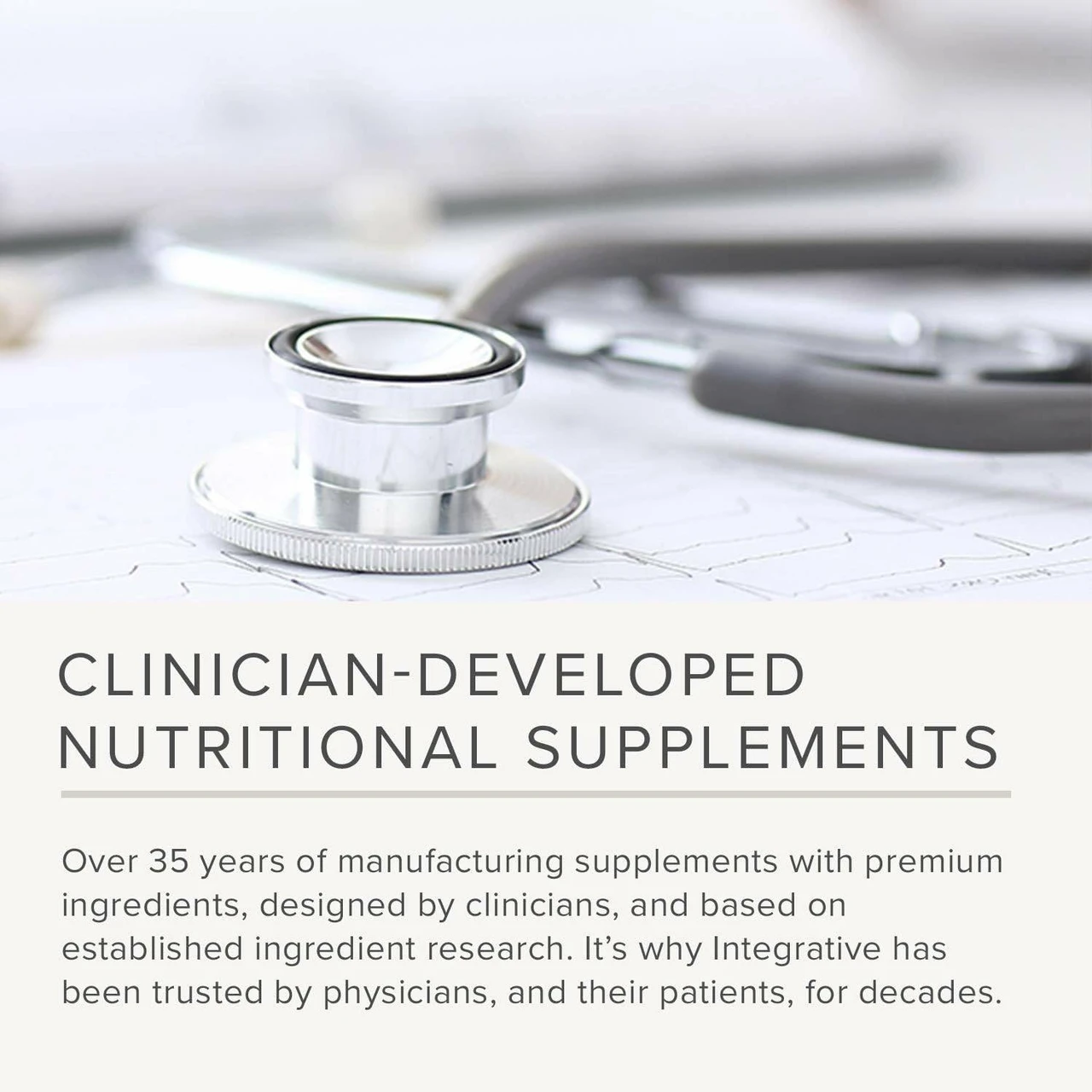 Stethoscope on a desk, clinician-developed supplements graphic