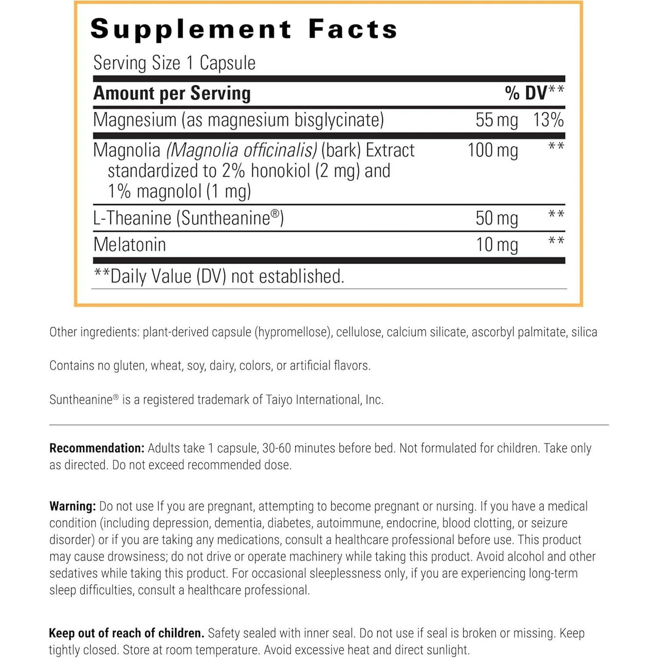 Wellness Sleep supplement facts with magnesium, magnolia bark, L-theanine and 10 mg melatonin