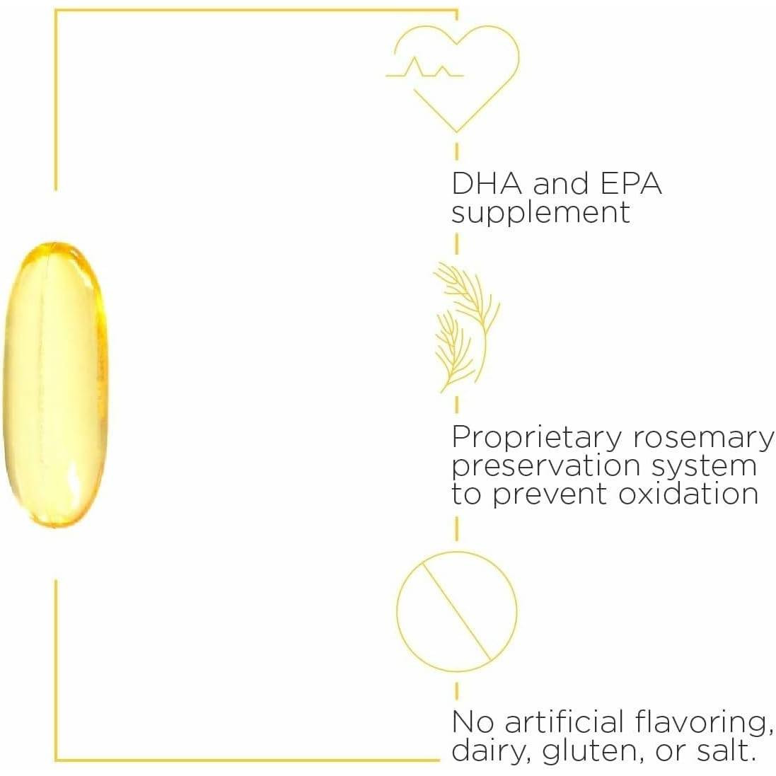 Fish oil softgel with DHA and EPA, rosemary preservation and no artificial flavoring callouts