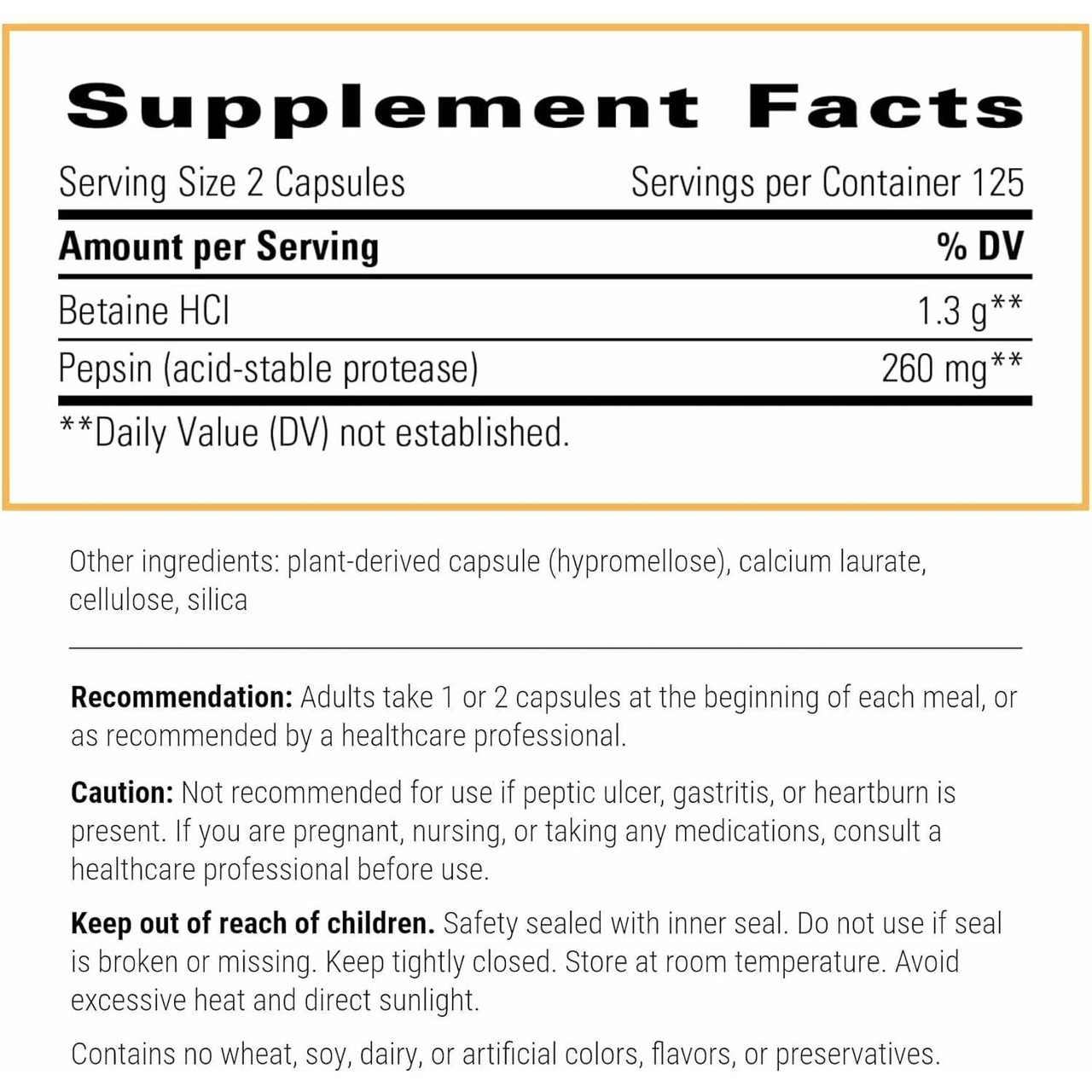 Betaine HCl supplement facts betaine hydrochloride pepsin panel