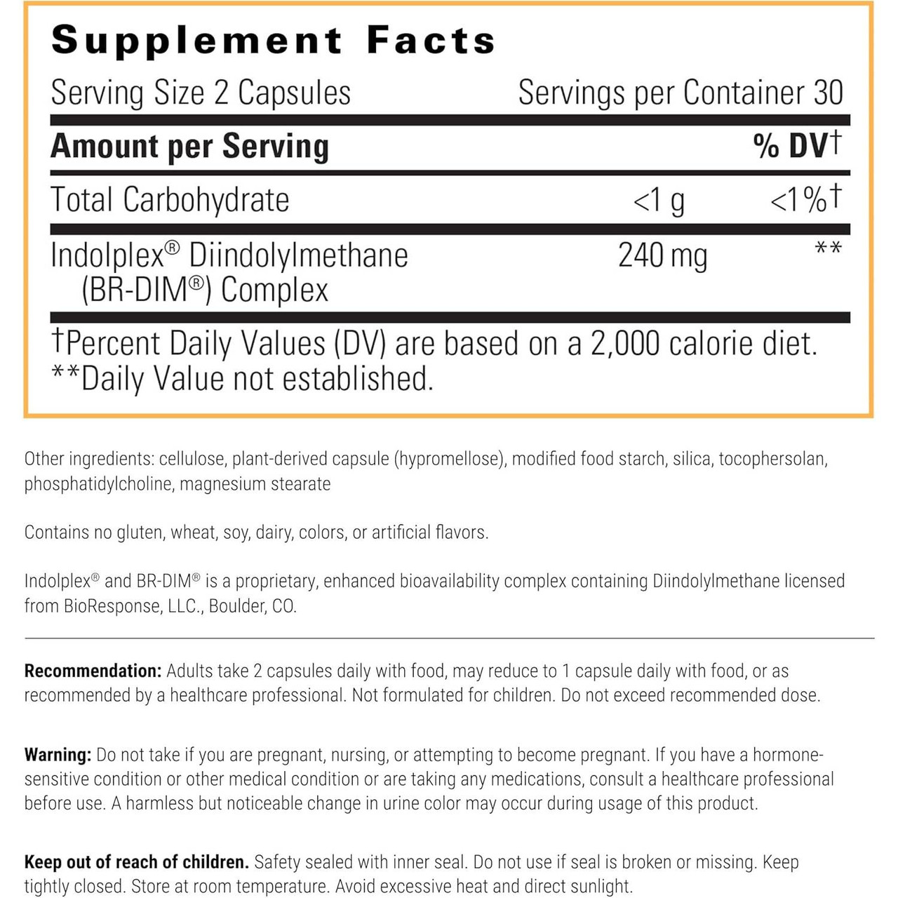 Indolplex supplement facts panel, 2 capsule serving, 30 servings