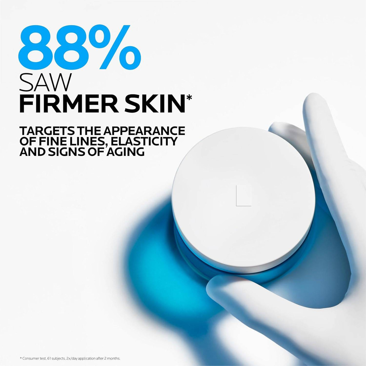 Gloved hand holding an open Hyalu B5 jar with firmer skin result callout