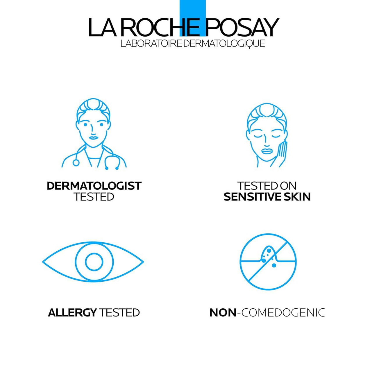 Dermatologist tested, sensitive skin, allergy tested and non-comedogenic icons