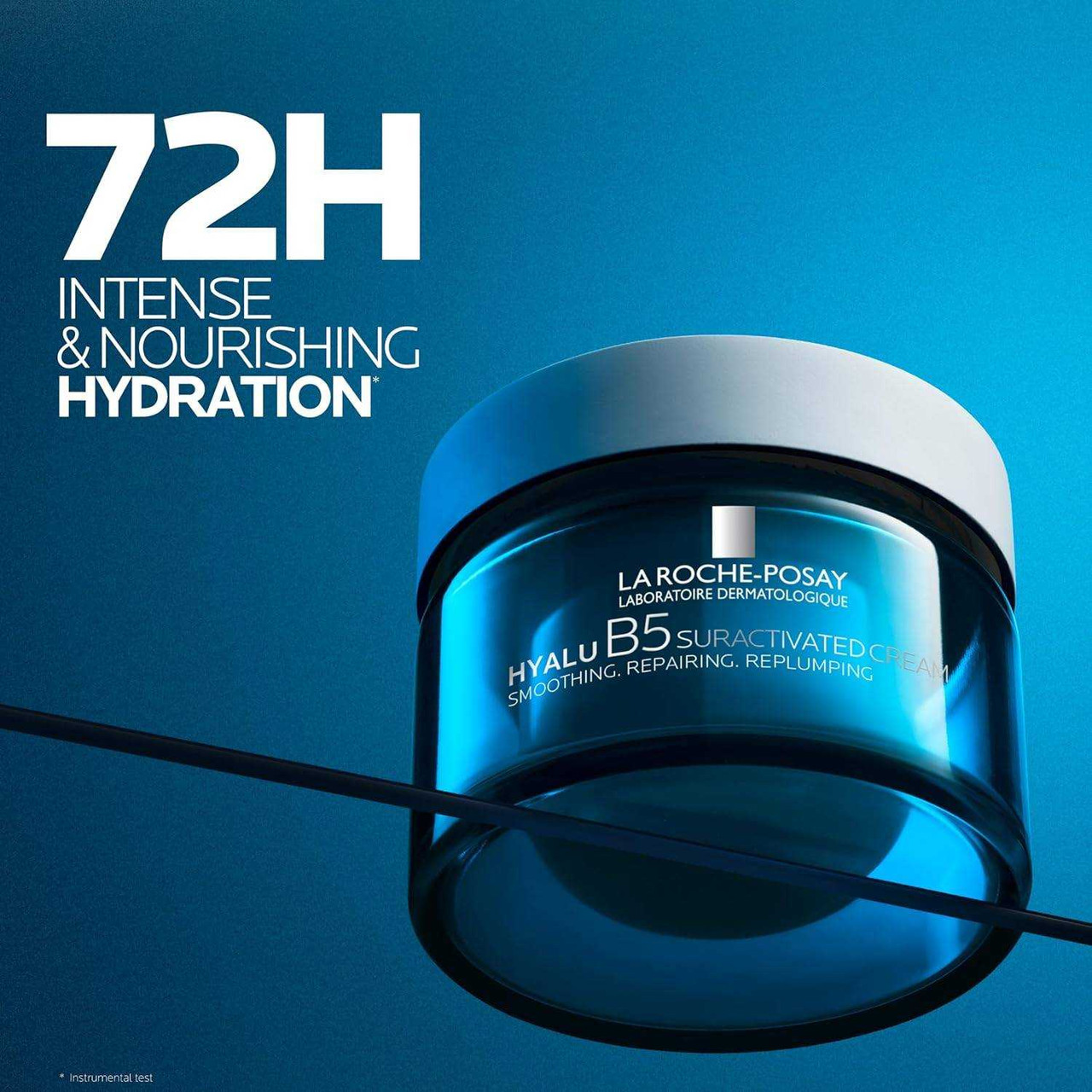 Hyalu B5 jar with 72-hour hydration message on a blue background