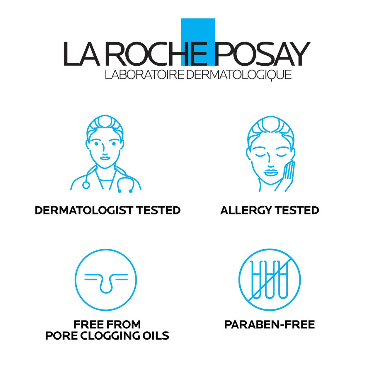 La Roche-Posay dermatologist allergy tested pore clogging oils paraben-free icons