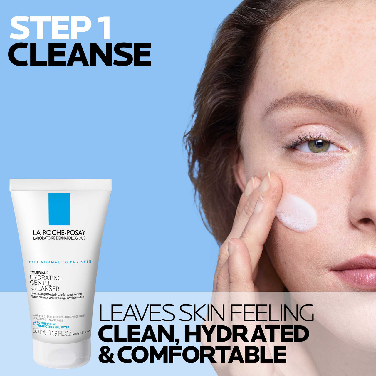 Step 1 Cleanse Toleriane Hydrating Gentle Cleanser leaves skin clean hydrated graphic