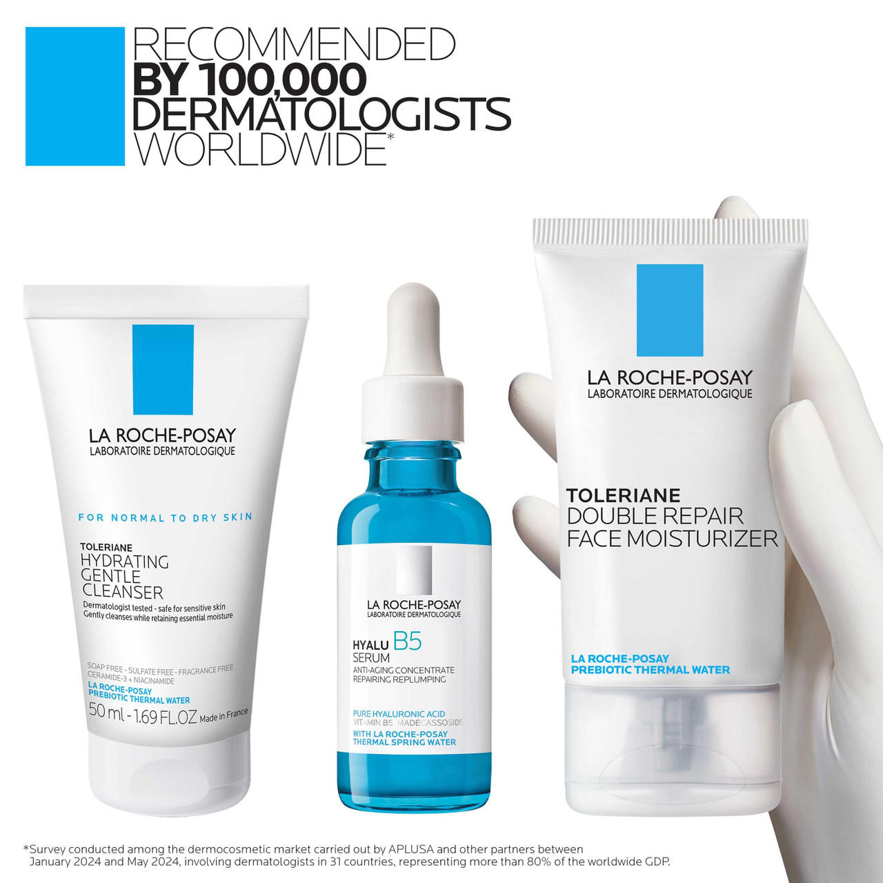 La Roche-Posay recommended by 100000 dermatologists Hydration Heroes products graphic