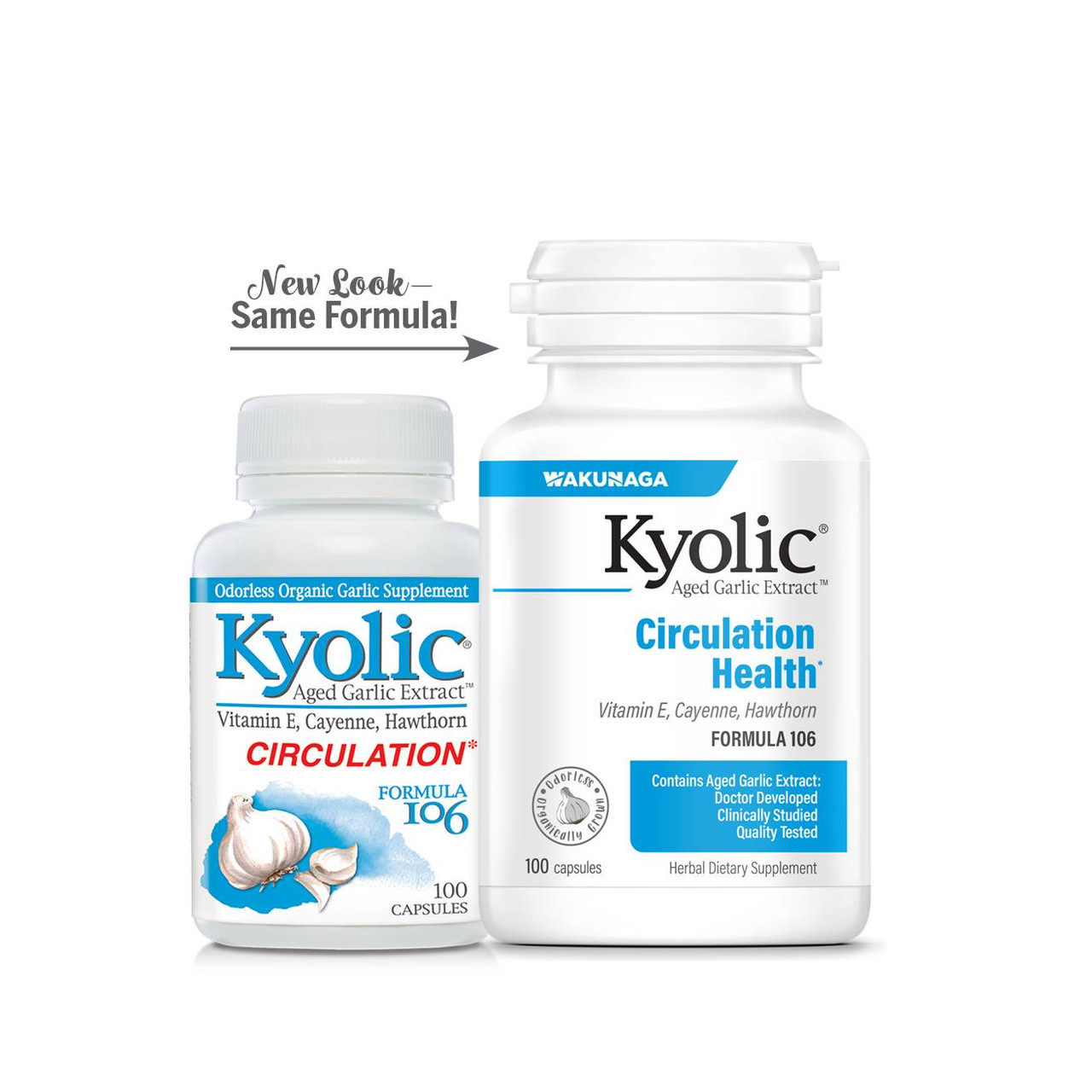 Old and new Kyolic Circulation Health bottles, new look same formula