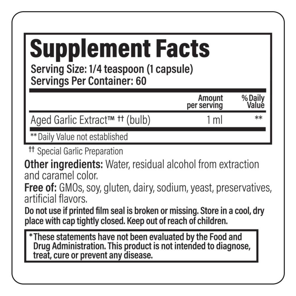 Kyolic Liquid Aged Garlic Extract supplement facts 1 ml serving panel