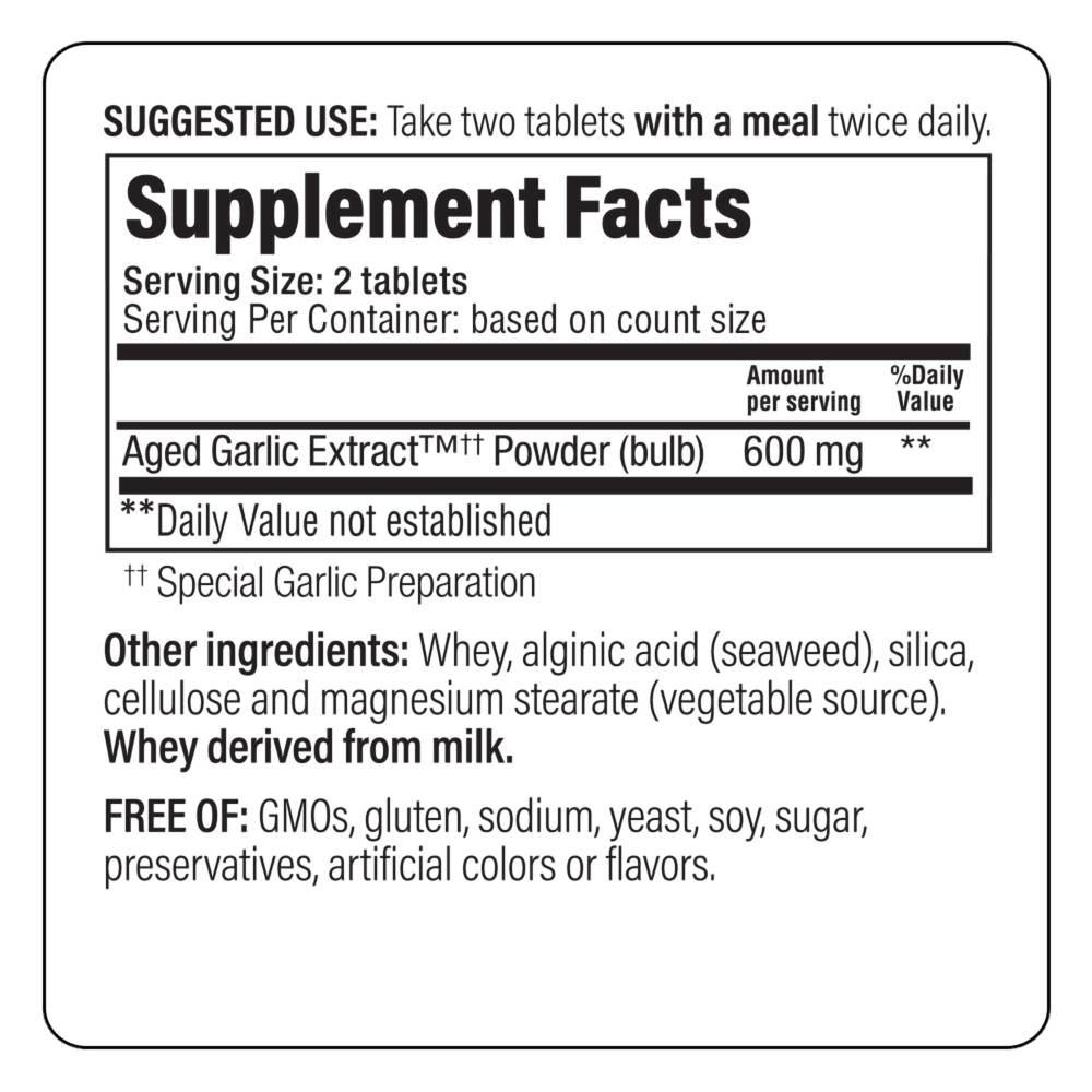 Kyolic Formula 100 supplement facts, 2 tablet serving, 600 mg aged garlic extract powder