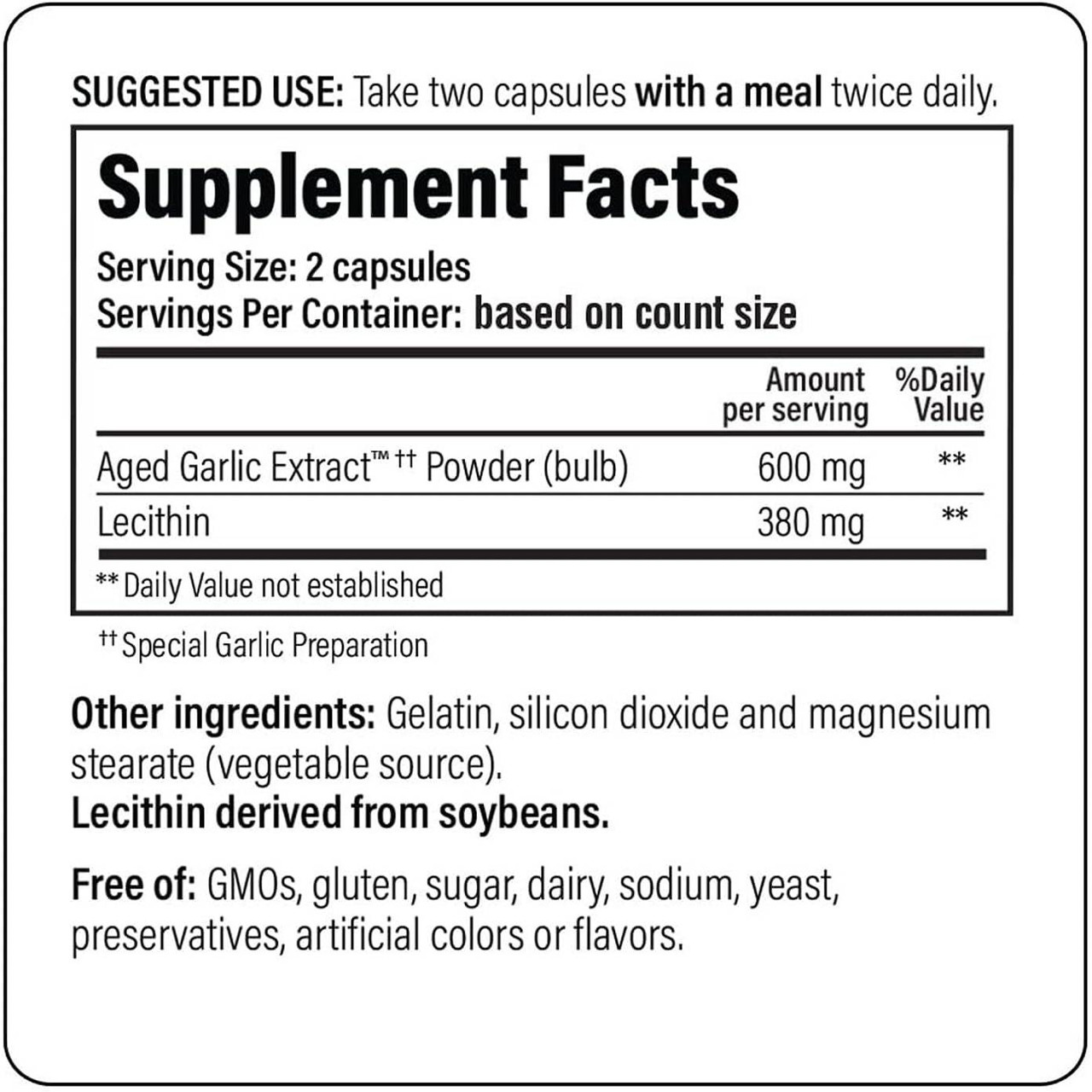 Kyolic Formula 104 supplement facts aged garlic lecithin from soybeans panel
