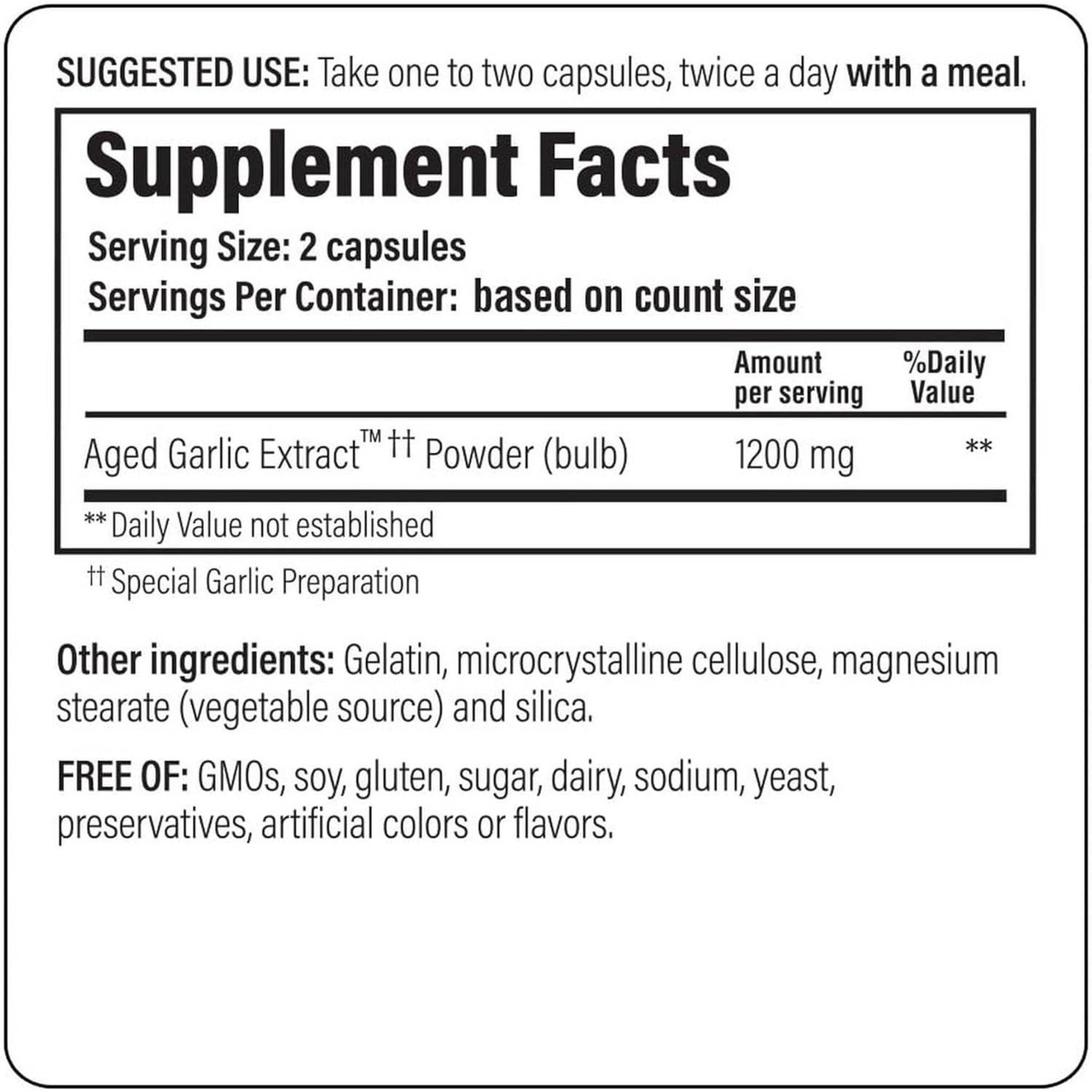 Kyolic Formula 200 supplement facts panel, 2 capsule serving