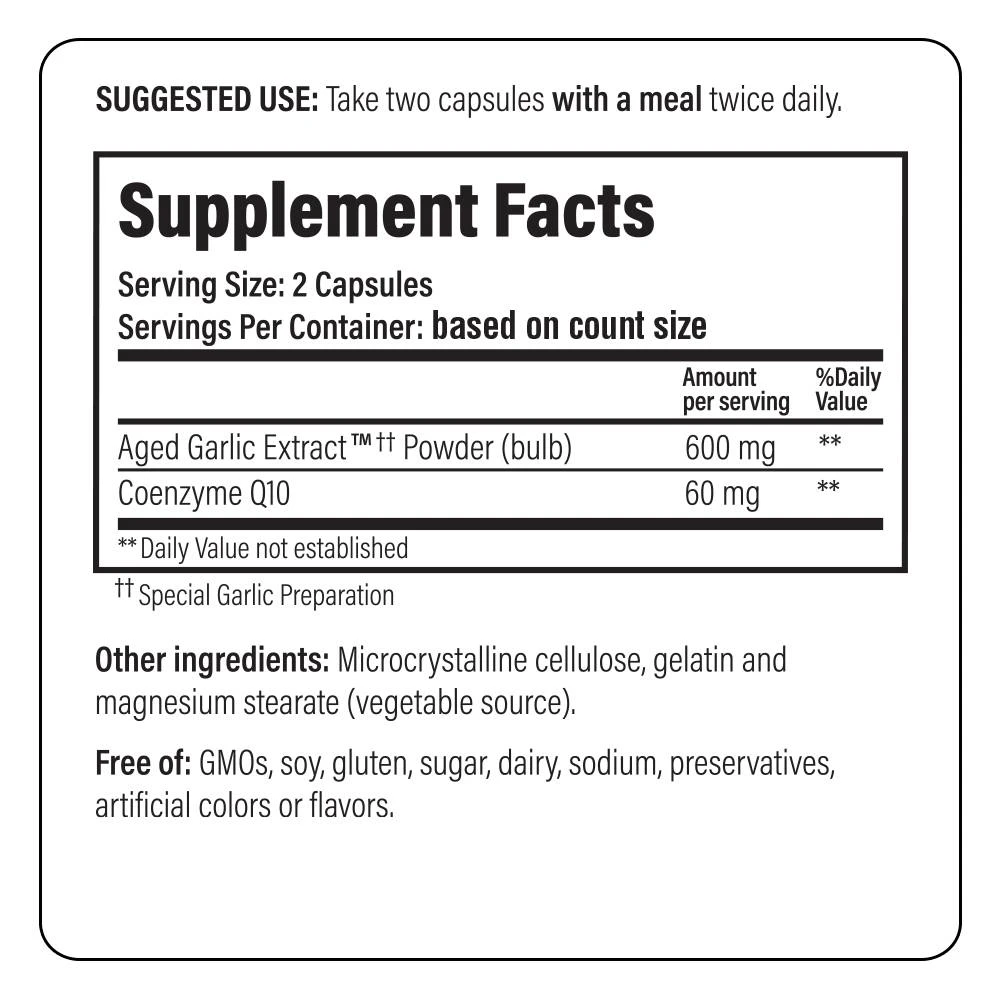 Kyolic Formula 110 supplement facts, 2 capsule serving, 600 mg aged garlic extract and 60 mg CoQ10
