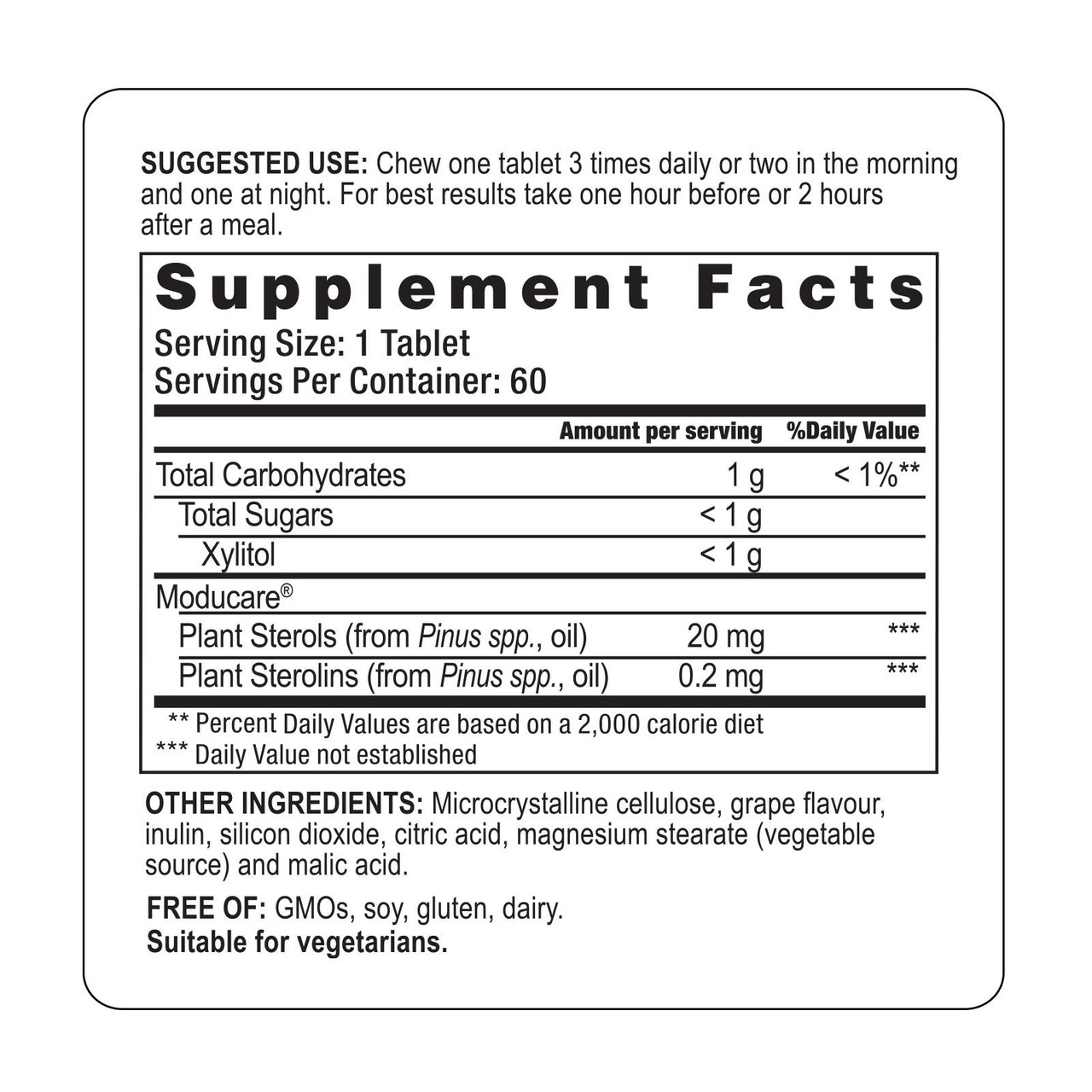 Moducare Grape Chewables supplement facts plant sterols sterolins panel