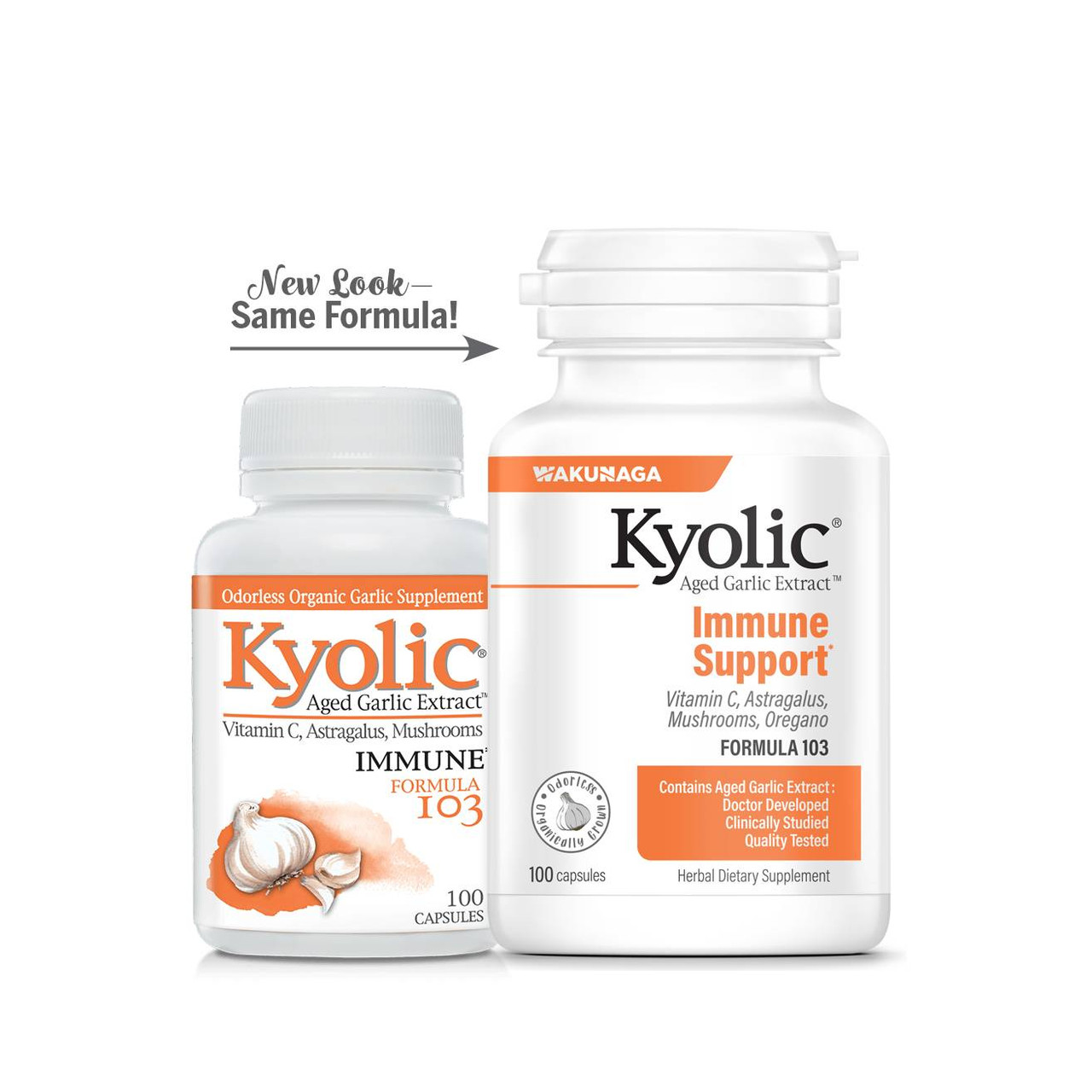 Old and new Kyolic Formula 103 bottles, new look, same formula