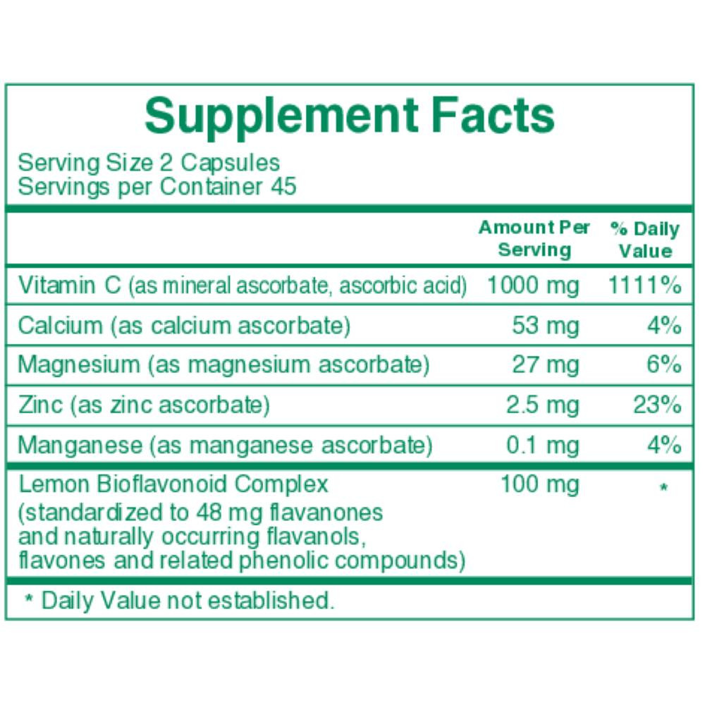 Buffered C supplement facts, 2 capsule serving with 1000 mg vitamin C and mineral ascorbates