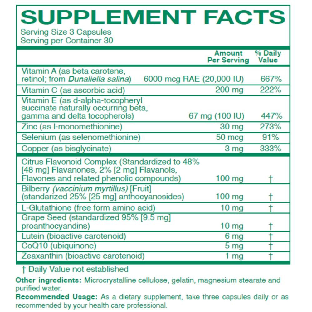 Ocular Formula supplement facts vitamins lutein zeaxanthin bilberry panel