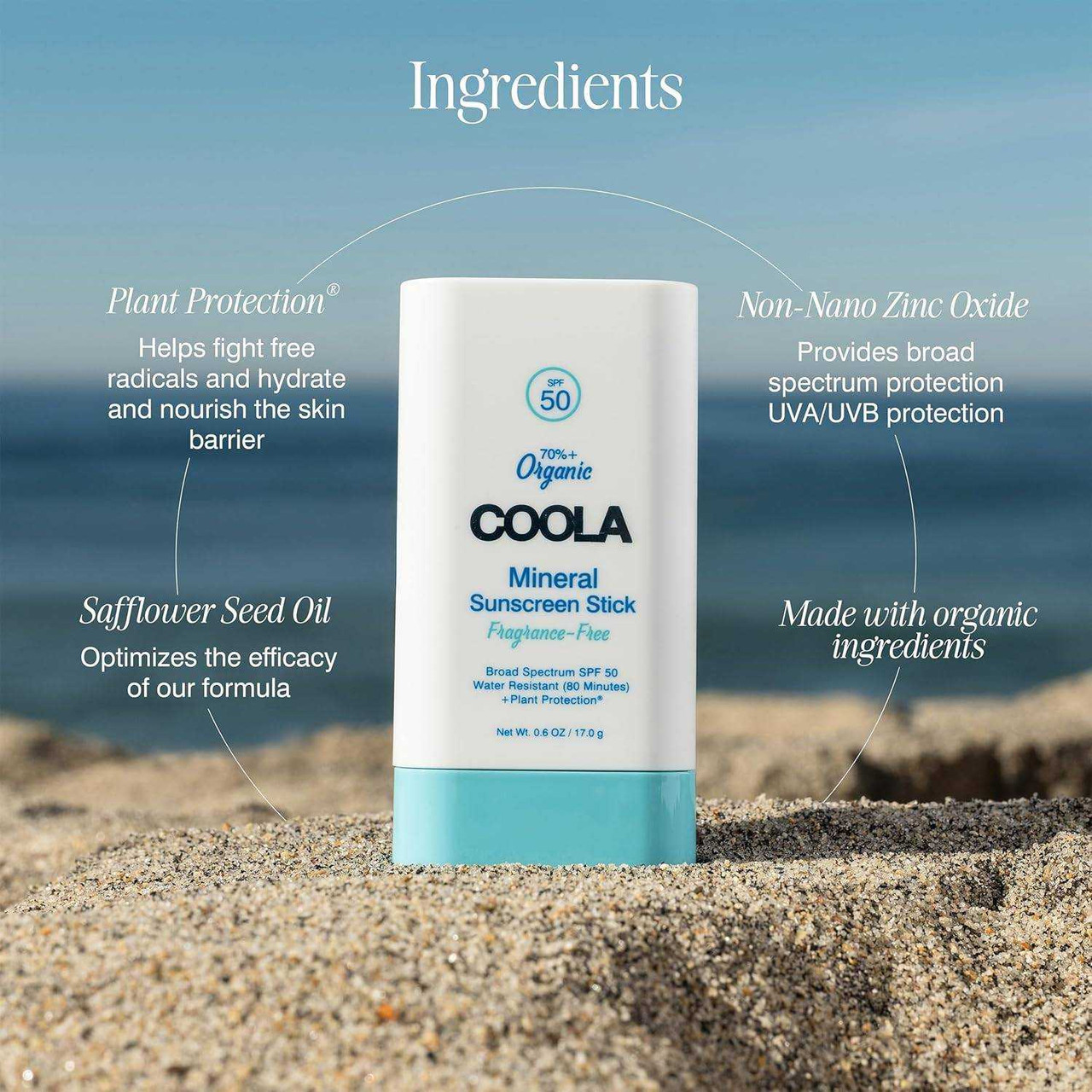 Mineral Sunscreen Stick on sand, ingredients graphic: plant protection, safflower oil, zinc oxide