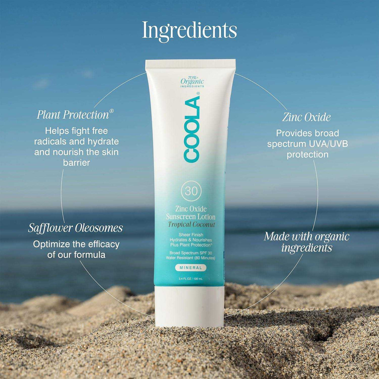 Coola Mineral Body Lotion SPF 30 tube on a beach with key ingredients