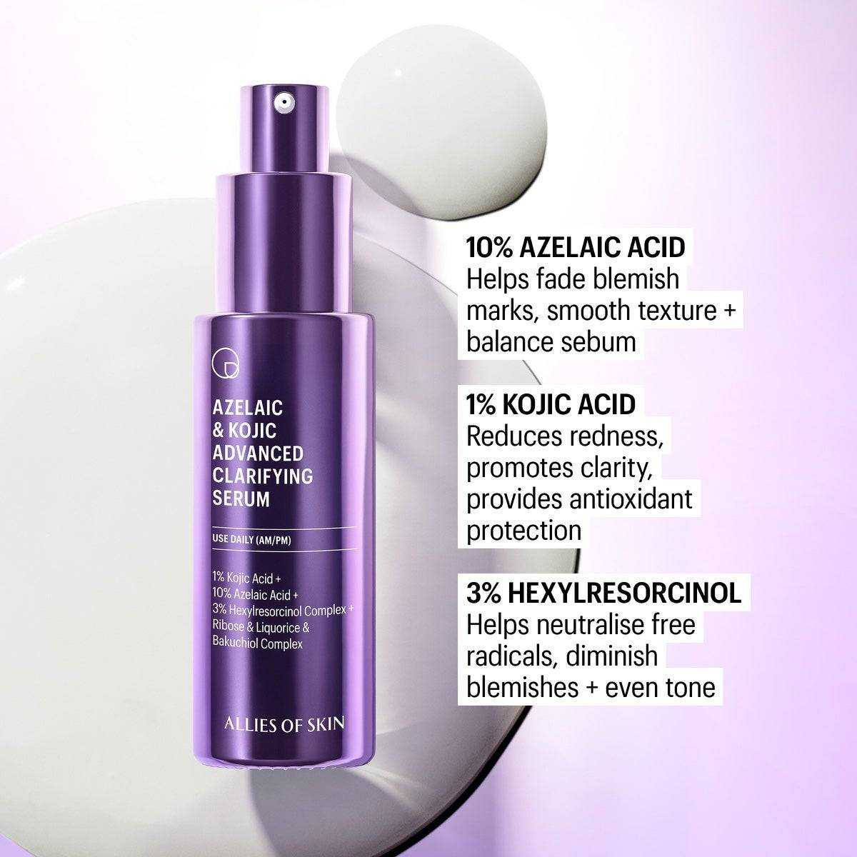 Clarifying Serum with 10% azelaic acid, 1% kojic acid and 3% hexylresorcinol