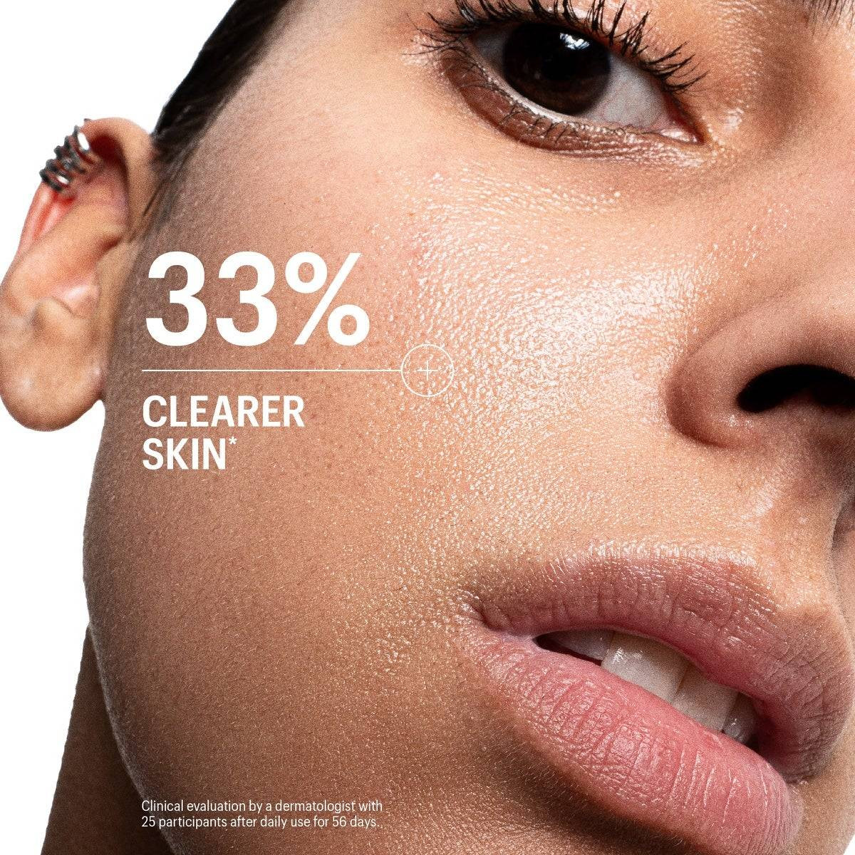 Close-up of a woman's face with clearer skin results graphic