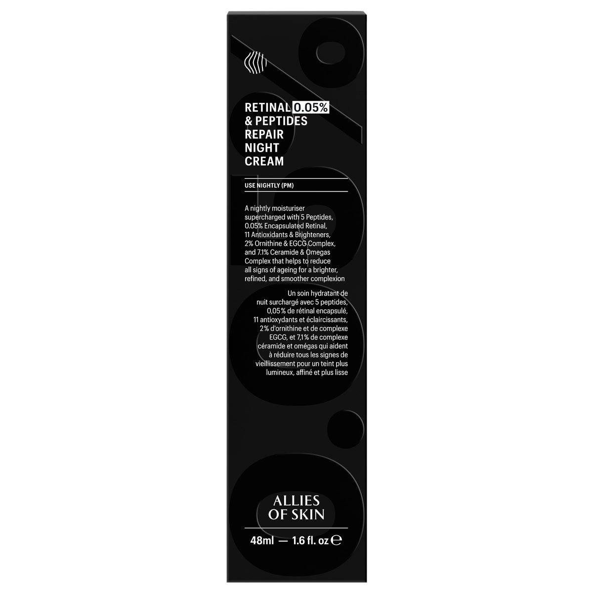Back of the Retinal 0.05% & Peptides Repair Night Cream tube with ingredients