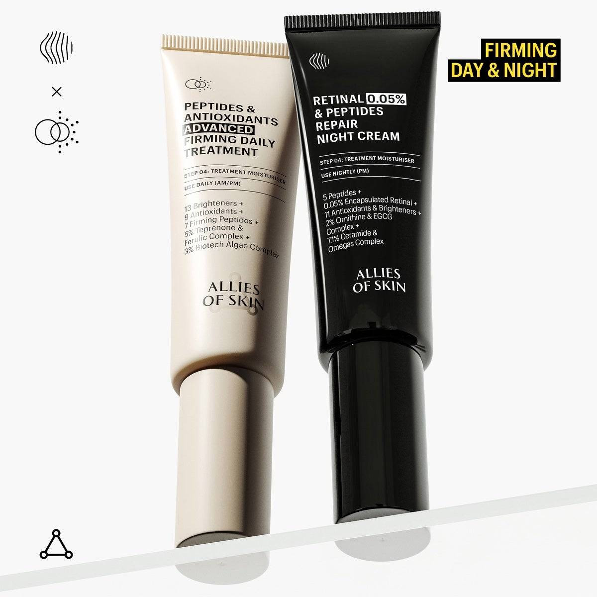 Allies of Skin peptides treatment and retinal night cream tubes, firming day and night