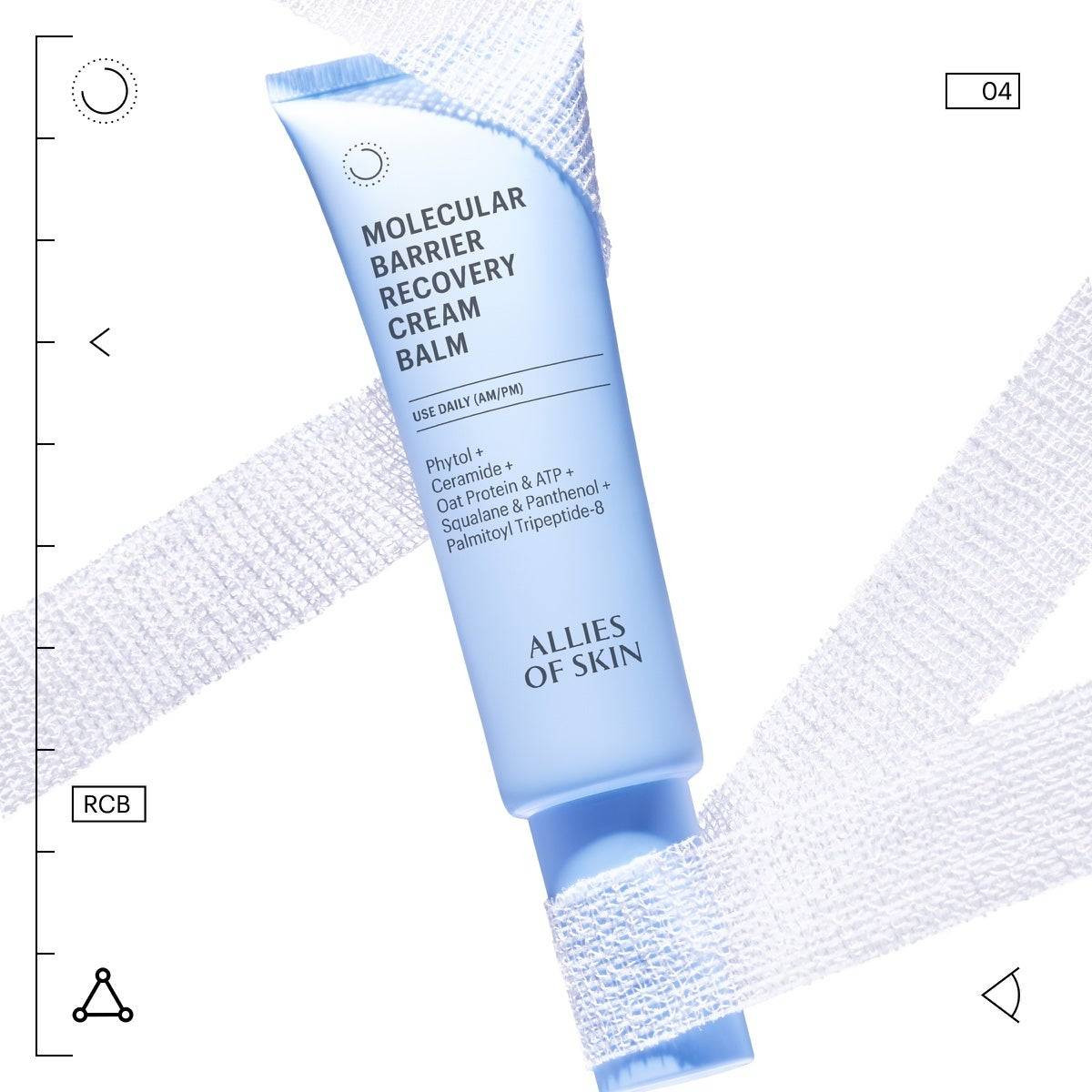 Molecular Barrier Recovery Cream Balm tube on white gauze