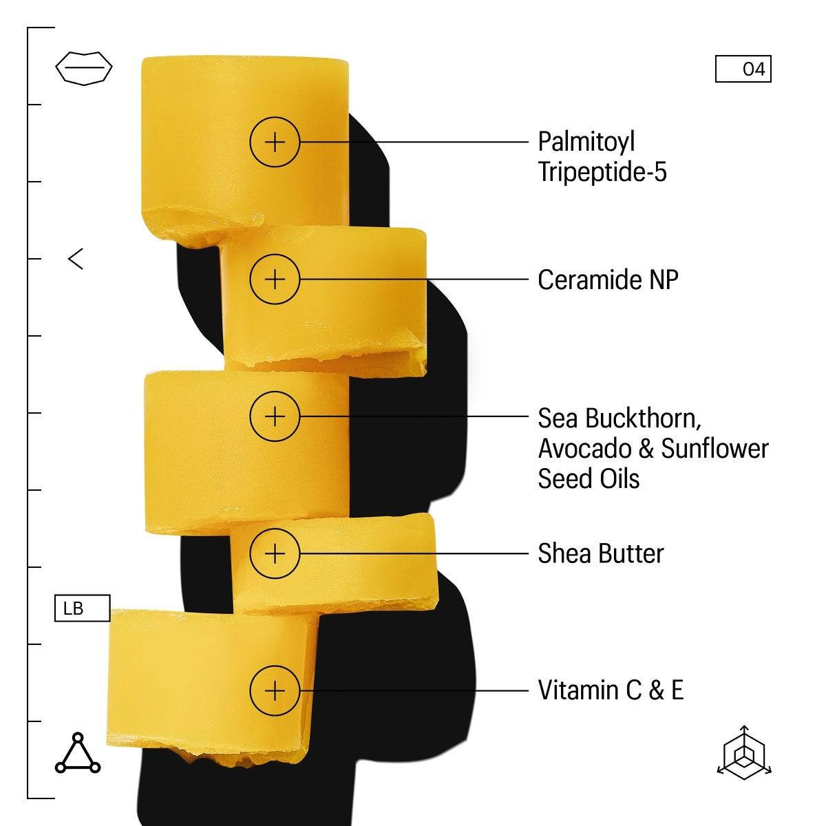 Lip balm ingredients graphic, palmitoyl tripeptide-5, ceramide NP, seed oils, shea butter, vitamins C and E