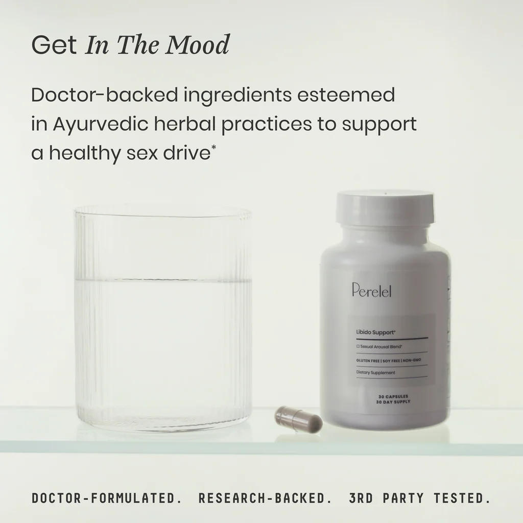 Get In The Mood Libido Support bottle water glass and capsule graphic