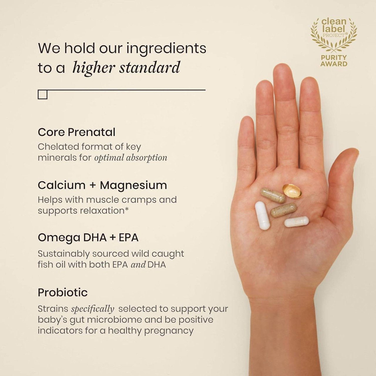 Palm holding five 3rd Trimester prenatal pills with benefit callouts