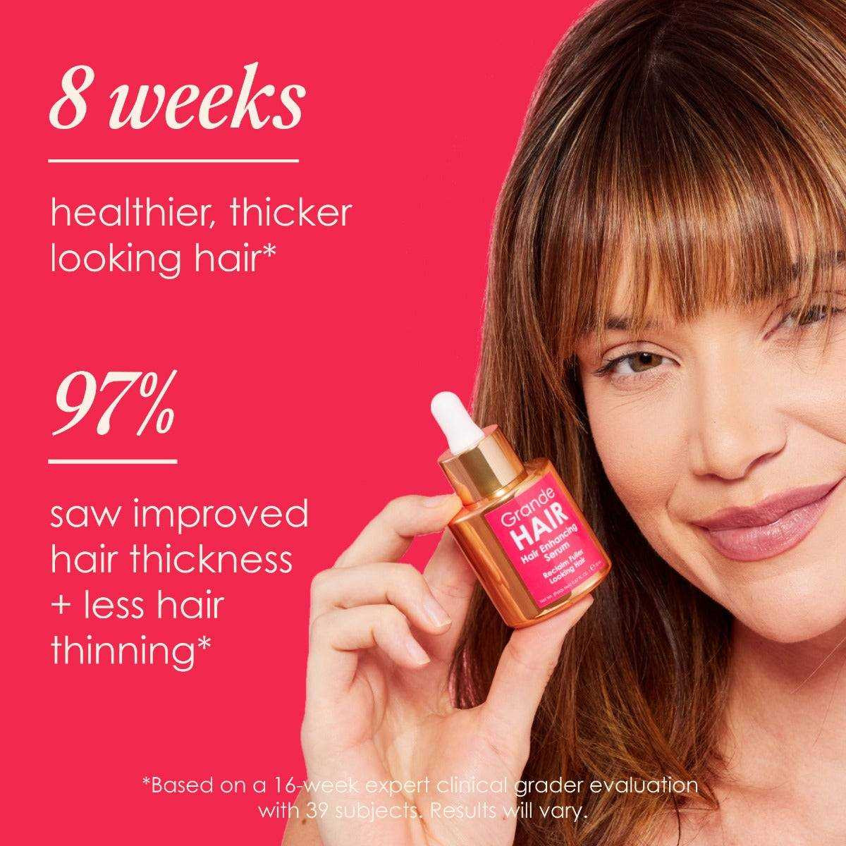 Woman holding Hair Enhancing Serum 8-week thicker less thinning graphic