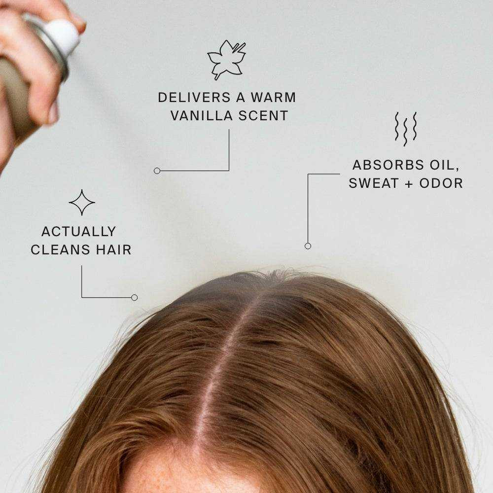 Dry shampoo spraying onto hair roots, warm vanilla scent, absorbs oil, sweat and odor graphic