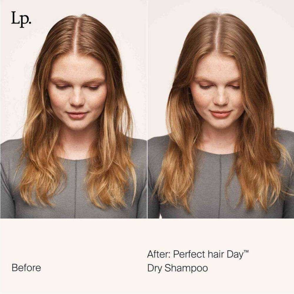 Before and after photos of a model's hair with Perfect hair Day Dry Shampoo