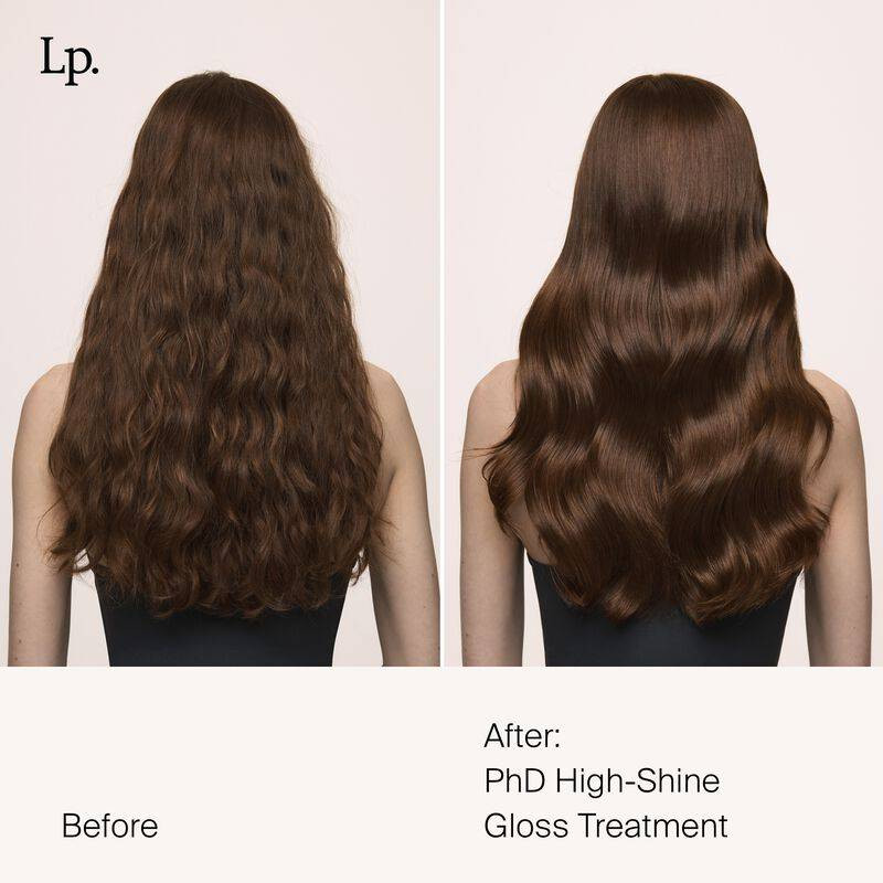 Before and after PhD High-Shine Gloss brown wavy hair comparison