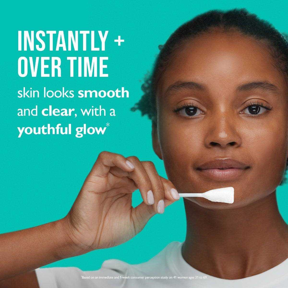 Woman with peel swab, instantly over time smooth clear youthful glow