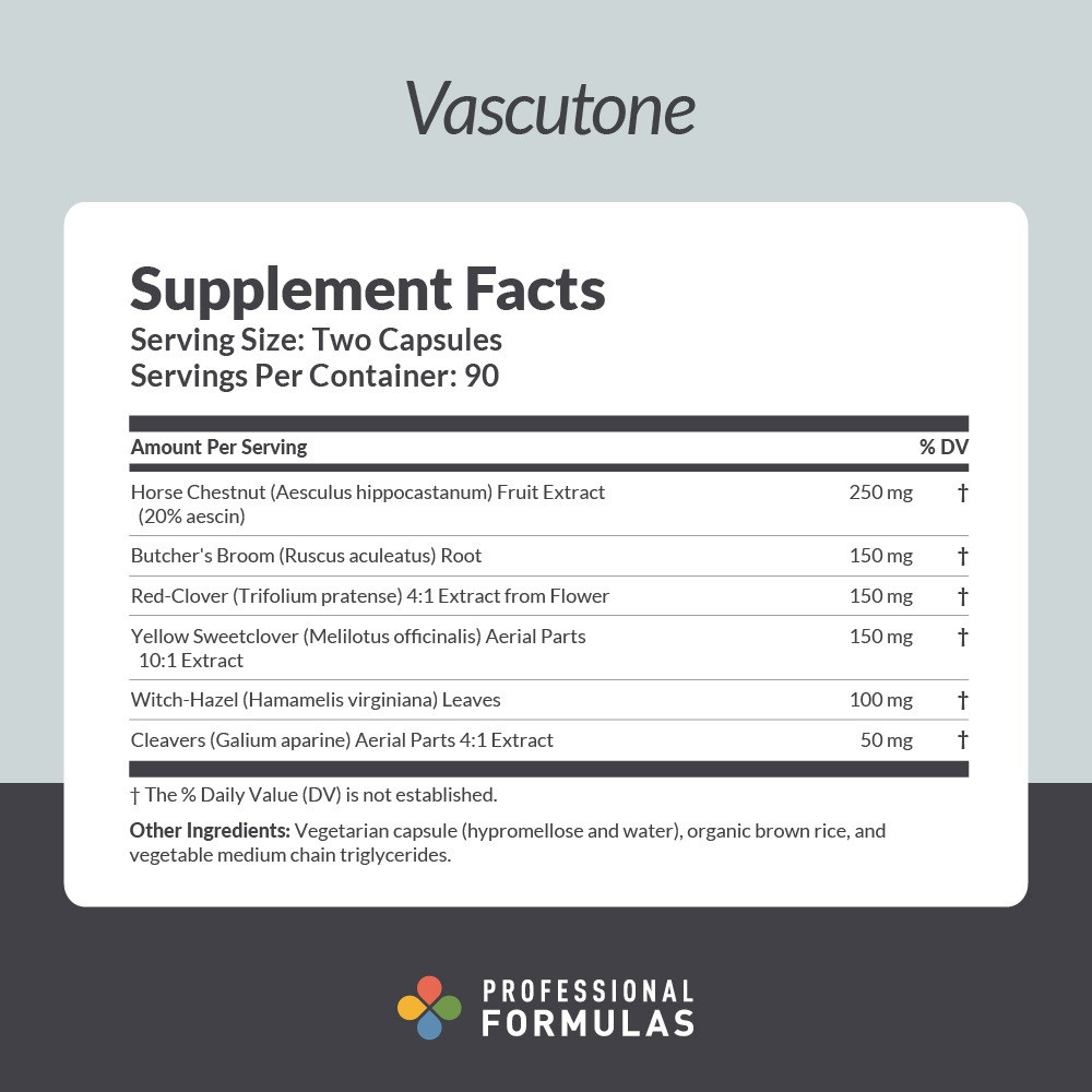VascuTone supplement facts horse chestnut butcher broom panel