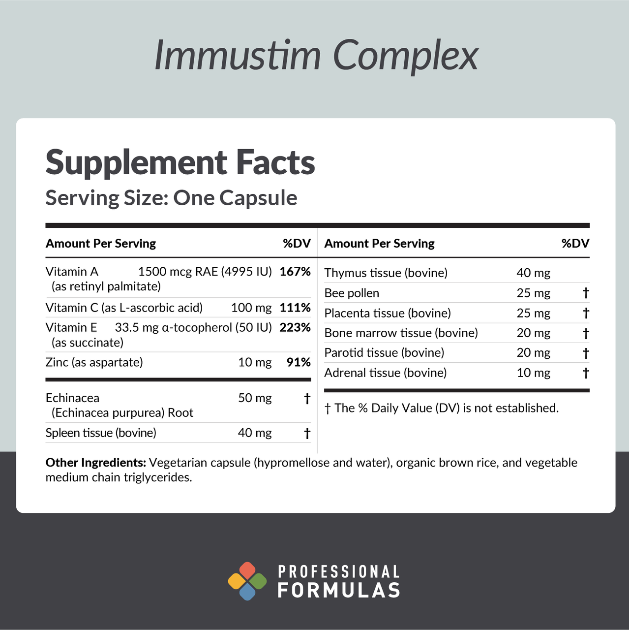 Immustim Complex supplement facts vitamins zinc glandulars panel