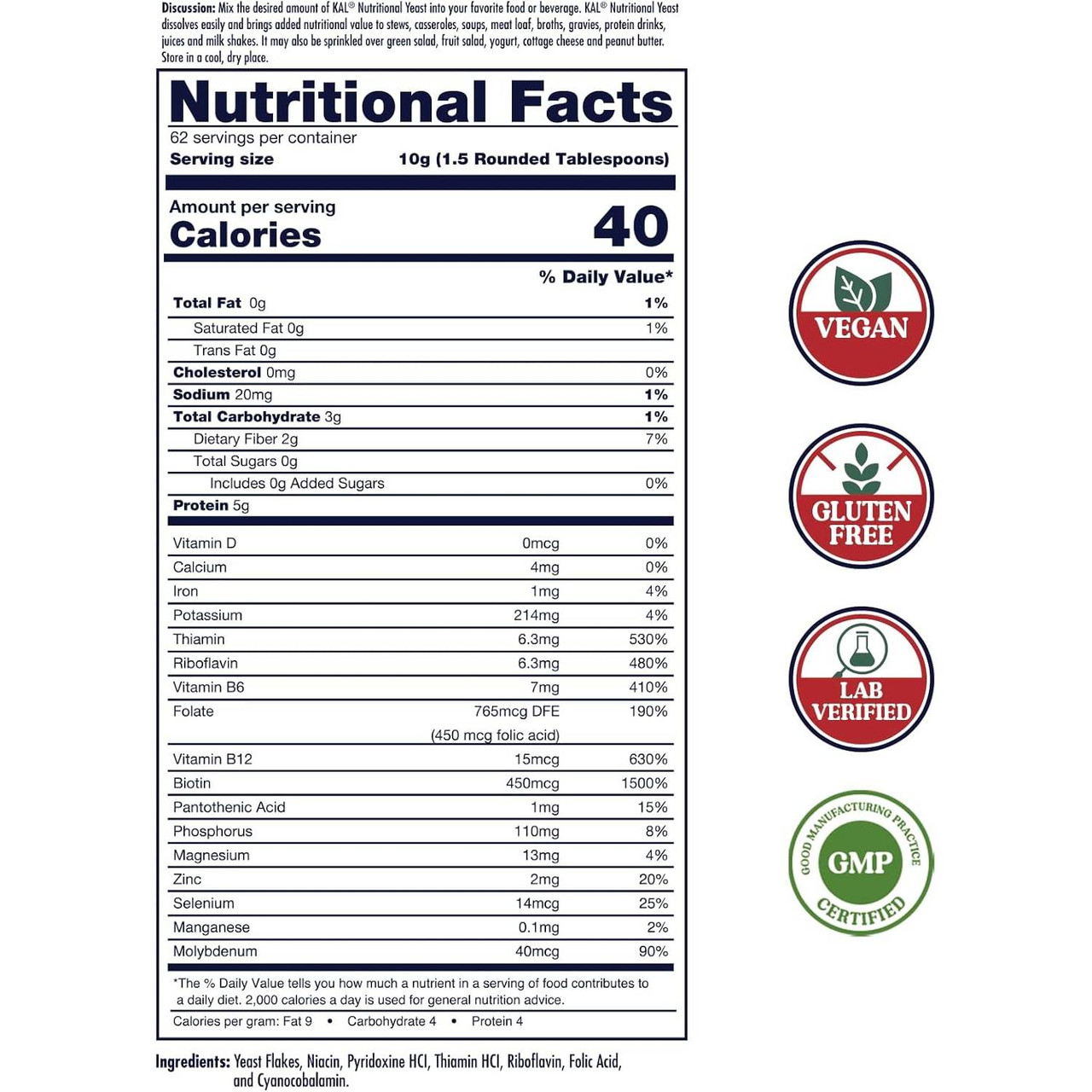 KAL Supplements Nutritional Yeast Flakes Unflavored - 624 Grams