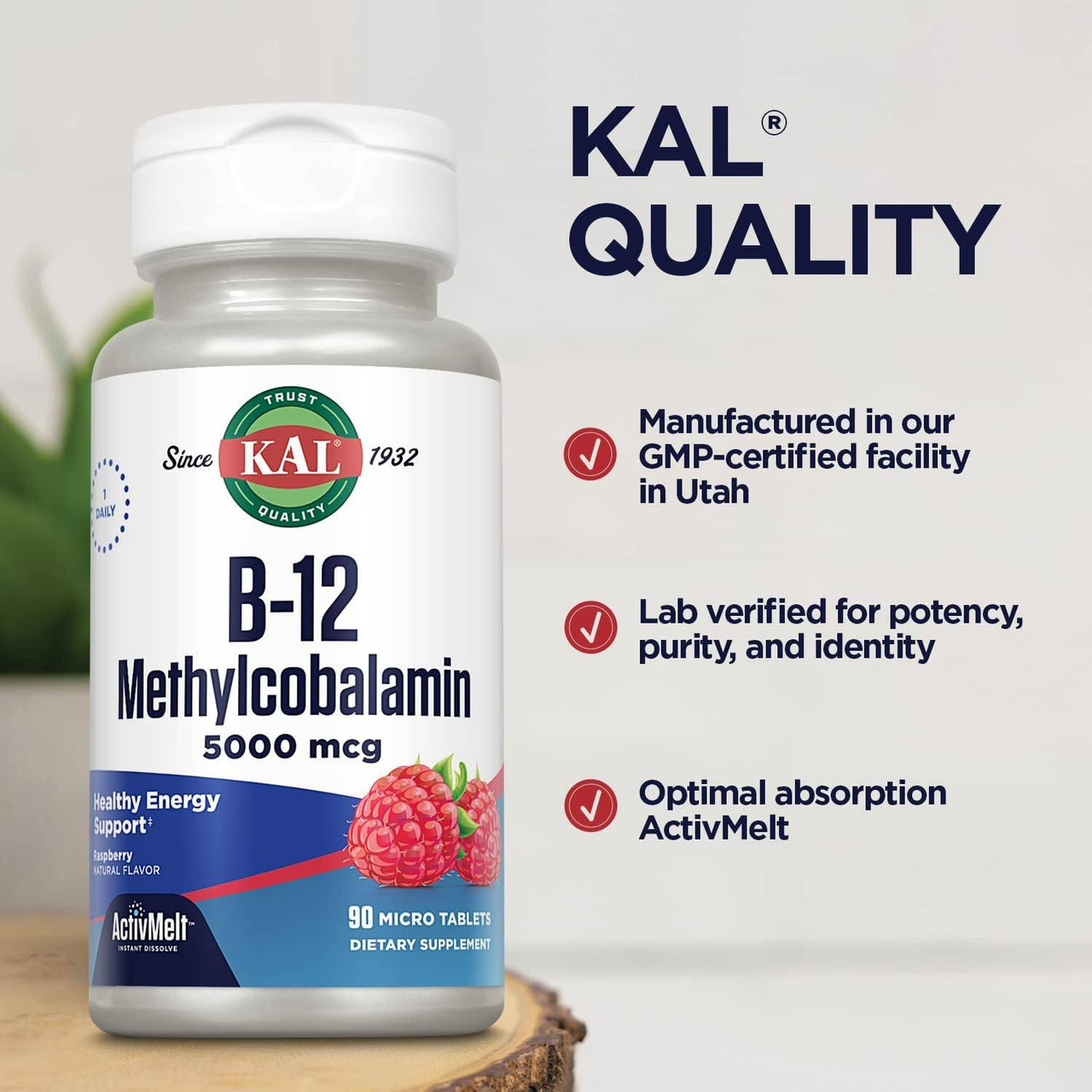 KAL Supplements B12 Methylcobalamin 5,000 mcg Raspberry - 90 Tablets