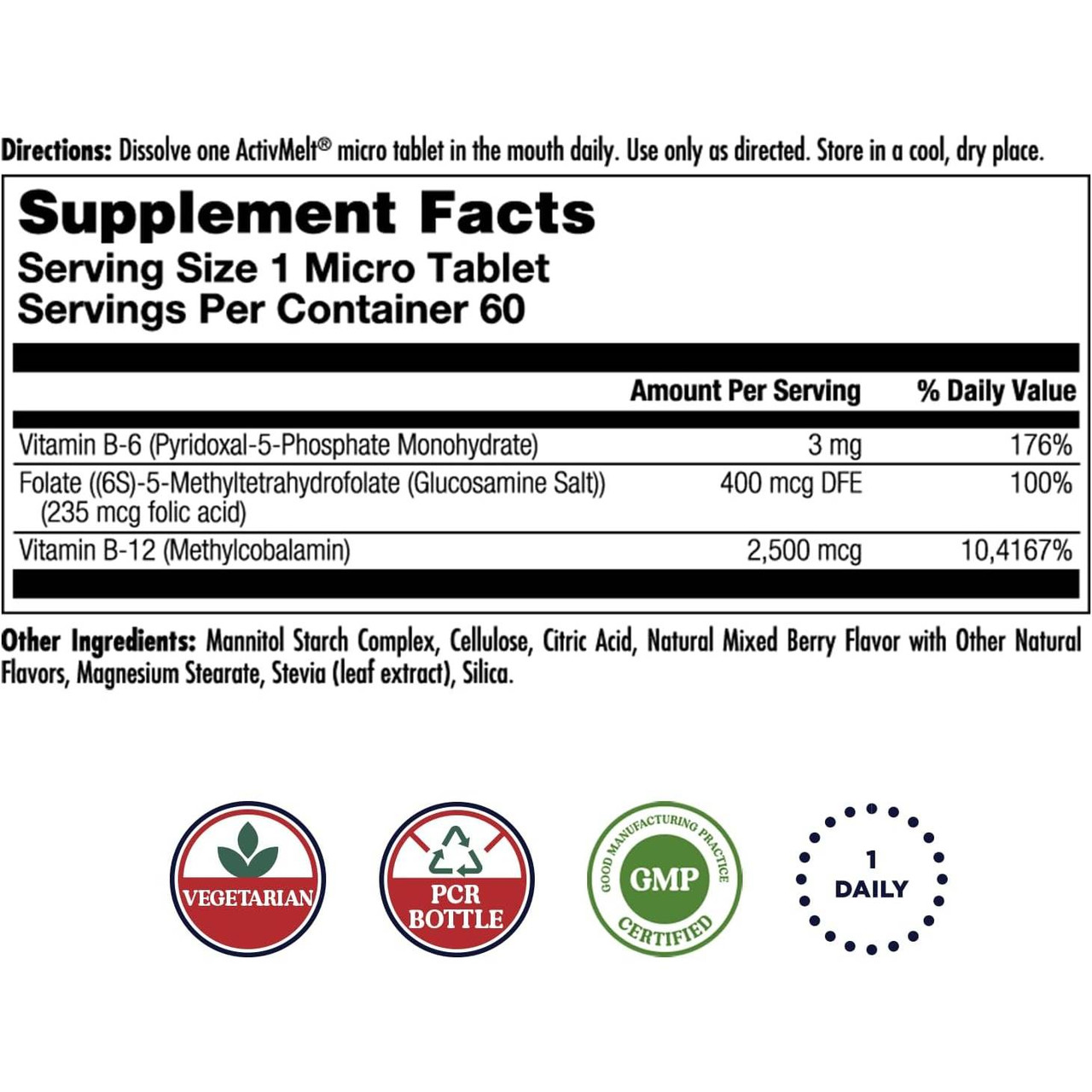 KAL Supplements B6 B12 Methyl Folate ActivMelt Berry - 60 Tablets