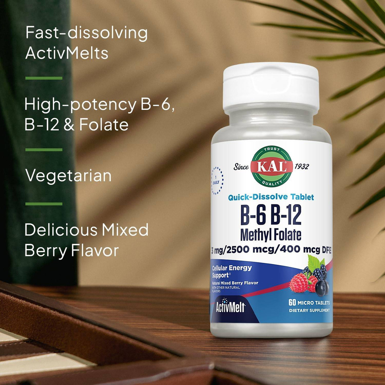 KAL Supplements B6 B12 Methyl Folate ActivMelt Berry - 60 Tablets