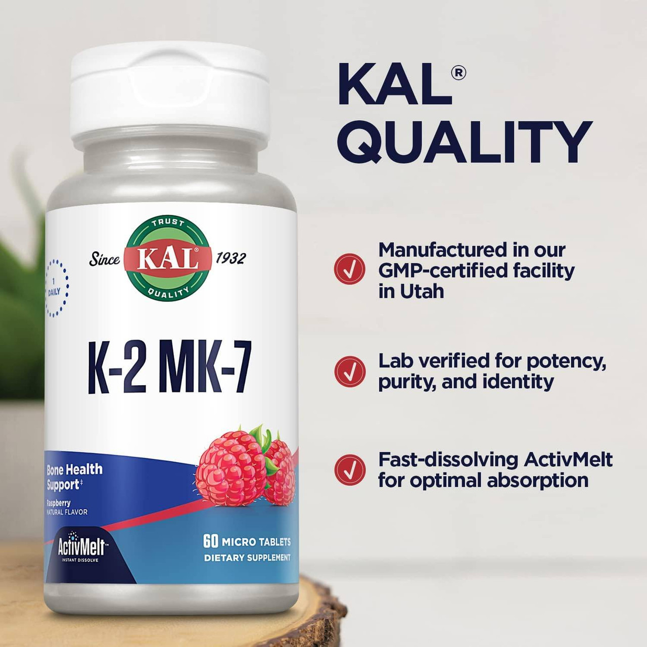 KAL Supplements K-2 MK-7 ActivMelt GF Raspberry - 60 Tablets