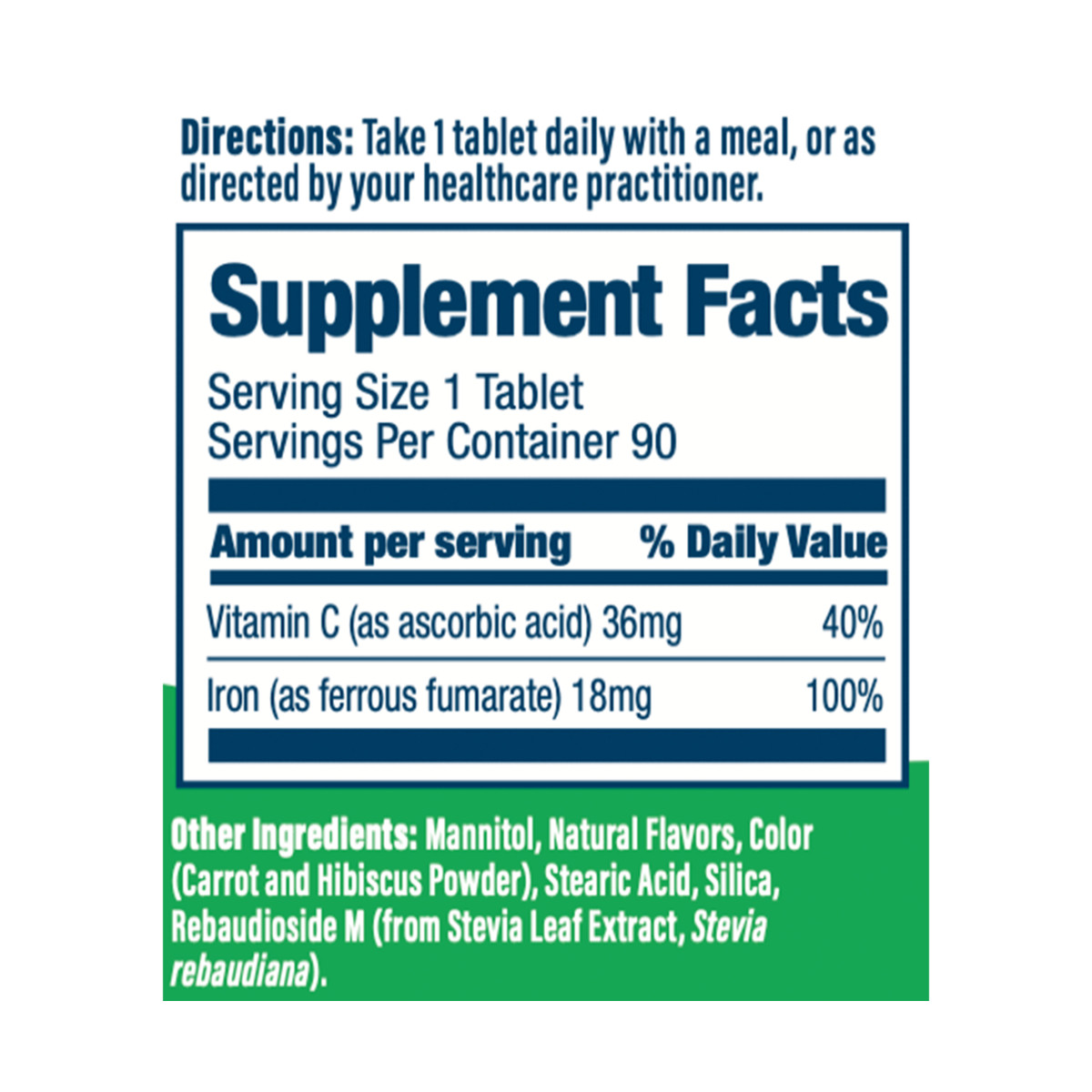 Iron Quick Melt supplement facts 18 mg iron 36 mg vitamin C panel