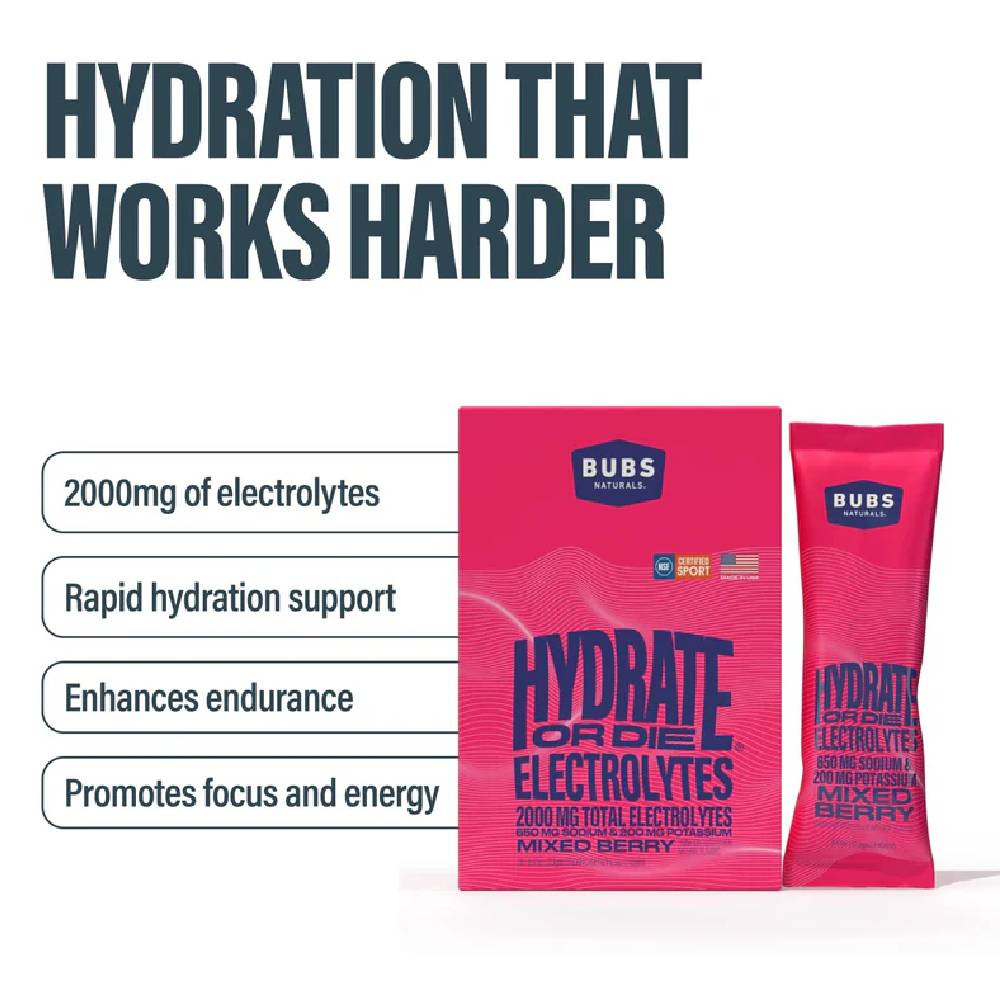 Hydrate or Die mixed berry, 2000 mg electrolytes benefits graphic