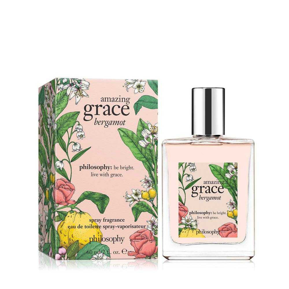 philosophy amazing grace bergamot fragrance bottle beside floral box